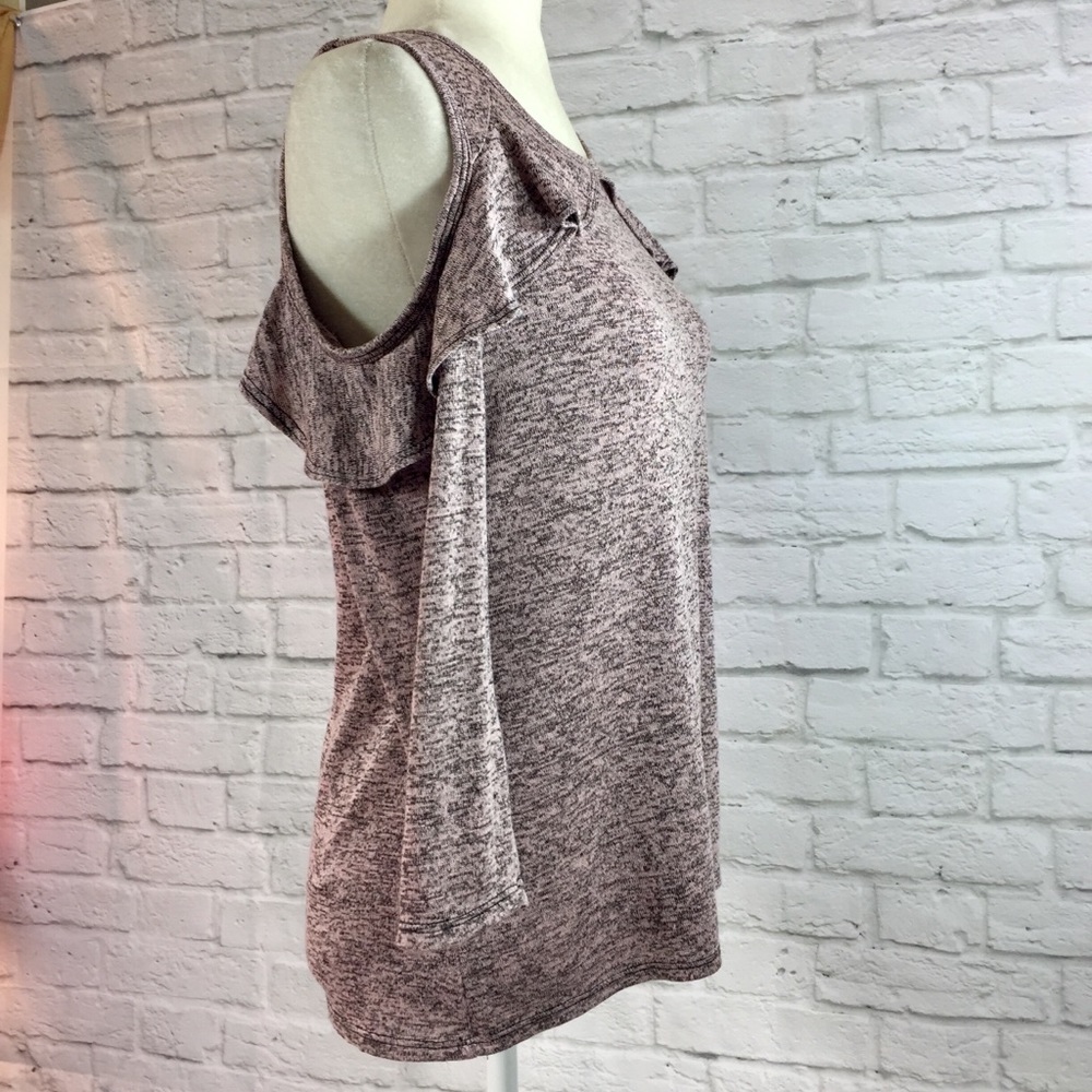 Women's pink heather cold shoulder ruffle knit top - Picture 3 of 6